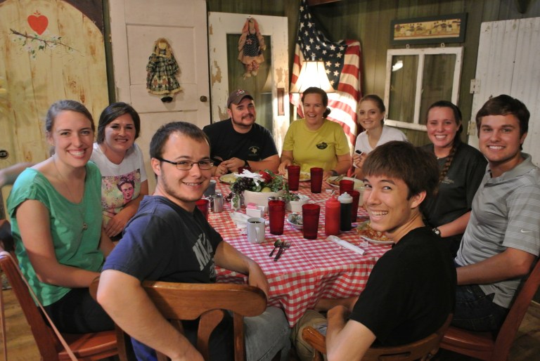 Current and former OMErs gathering for lunch at the best breakfast in Branson